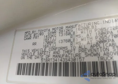 2003 Toyota Tundra Sr5 V8 из США, поврежденный, VIN 5TBRT34143S430157